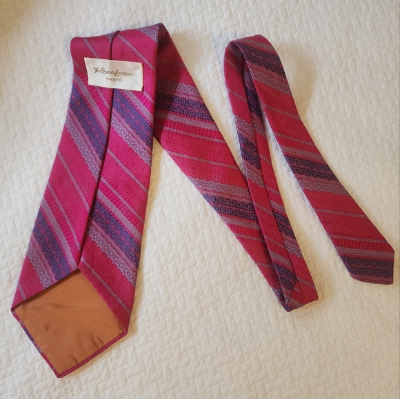 Yves Saint Laurent Paris Men's Pink Stripe Tie Vintage Wide Necktie - Picture 3 of 8